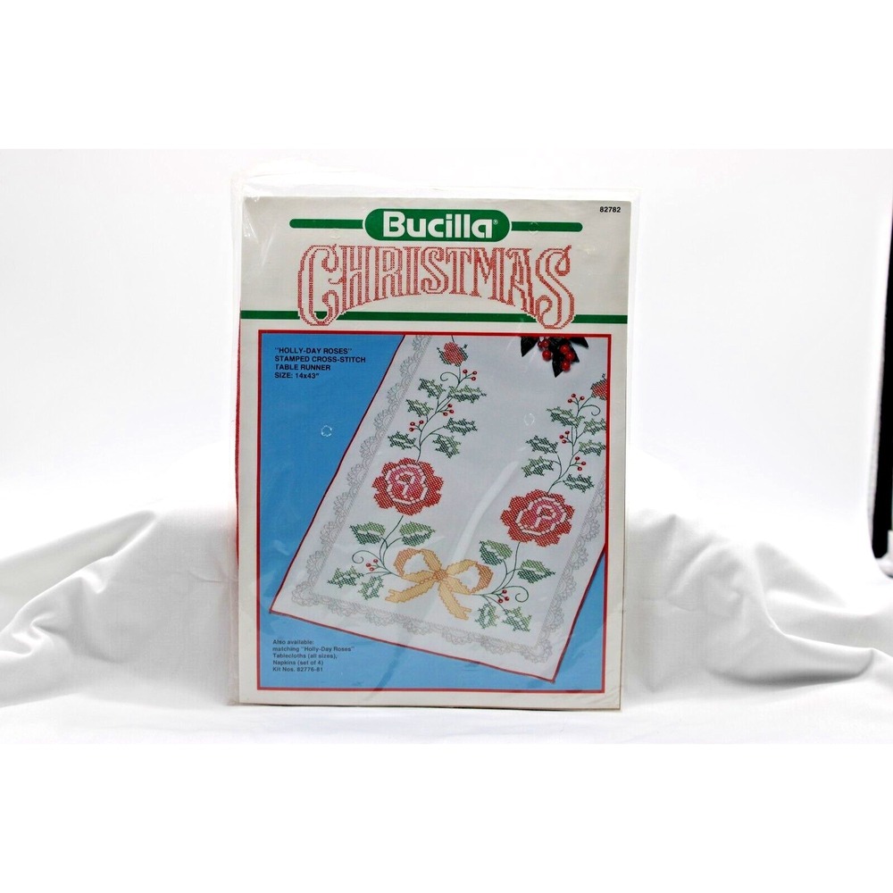 VTG Bucilla Holly-Day Roses Stamp Cross Stitch Christmas Table Runner Kit 82782